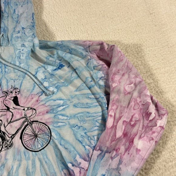 Exist Hoodie Mens Large Tye Dye Blue Pink Squirrel On Bike Graphic - Picture 4 of 9